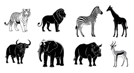 Naklejka premium Black and White Animals Illustrations Set for Africa Wildlife Concept