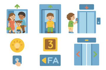 Elevator Icons for Kids. Flat vector mini-illustrations elevator rides in colors children's illustrations: people entering