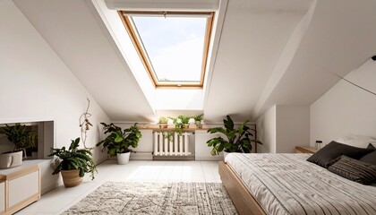Serene Attic Bedroom with Skylight and Plants