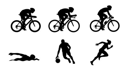 Sports Silhouettes Collection: Cycling, Swimming, Basketball, and Running in Black