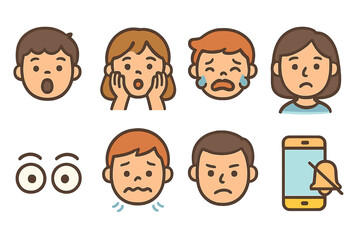 Fototapeta premium Emotional Reactions Icons. Flat vector mini-illustrations bad news reactions in colors children's illustrations: shock face, hands