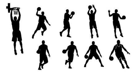 Fototapeta premium Dynamic Basketball Player Silhouettes in Action, Isolated on White Backdrop