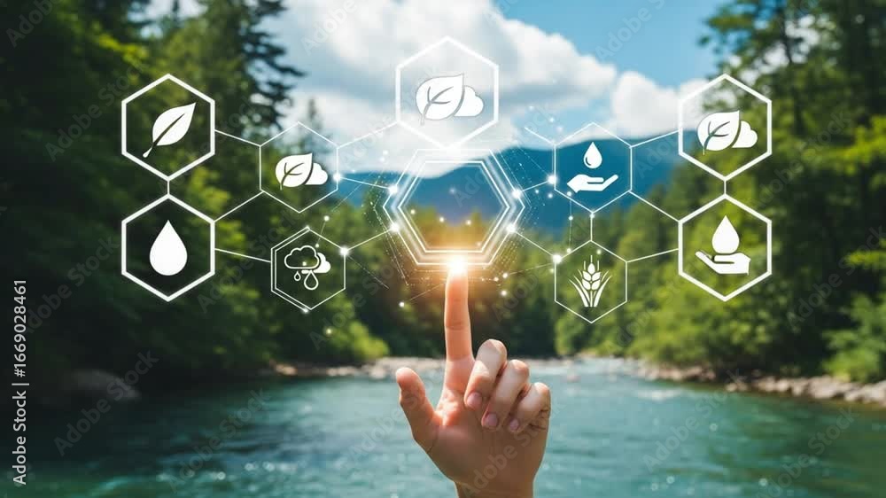 Poster finger touching ecological interface over river with trees and mountains in the background view