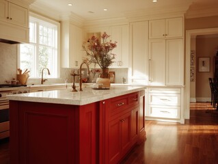 A bright, sunlit kitchen boasts a large island with rich red cabinetry, showcasing a sophisticated and elegant style.