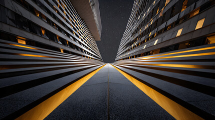 Converging lines forming a visual illusion of perspective at night, modern architectural abstract --ar 16:9