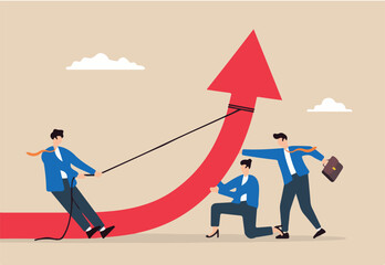 Flat illustration of businessman pull and business people team help push arrow graph upward teamwork or collaboration to growth improvement growing company	
