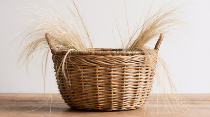A handwoven wicker basket containing natural fibers and weaving materials, set on a wooden table under soft daylight