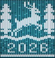New 2026 year knitted pattern with reindeer and xmas tree, vector illustration