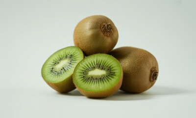 Three whole kiwis and two halved kiwis arranged in a small pile against a bright white background, showcasing their fuzzy brown skin and vibrant green flesh