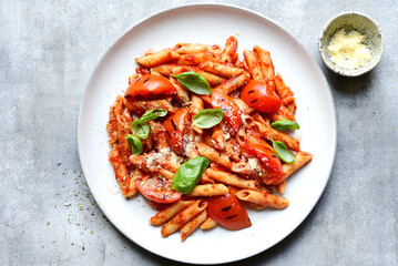 Pasta penne with grilled tomatoes. Top view with copy space.