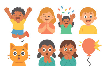Fototapeta premium Joyful Reactions Grid. Flat vector mini-illustrations surprise reactions in colors children's illustrations: jumping in air,
