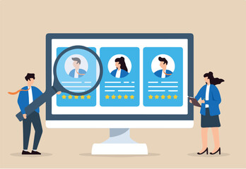 Recruiter reviewing candidate profiles through digital screen concept modern recruitment technology in hiring virtual employee evaluation online screening	
