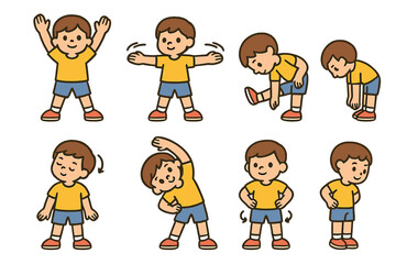 Kids' Stretching Routine Icons. Flat vector mini-illustrations sports warm-up stretches in colors children's illustrations: