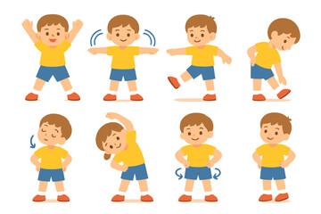 Fototapeta premium Kids' Stretching Routine Icons. Flat vector mini-illustrations sports warm-up stretches in colors children's illustrations: