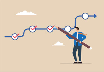 Flat illustration of businessman using pencil to tick mark checklist for project milestone goal tracking and task completion	