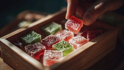 A hand gently lifts a vibrant, jewel-toned square of fruit jelly from a rustic wooden box filled with similar confections, bathed in warm, inviting light