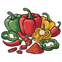 Cartoon peppers sweet red yellow hot peppers isolated vector illustration on white background