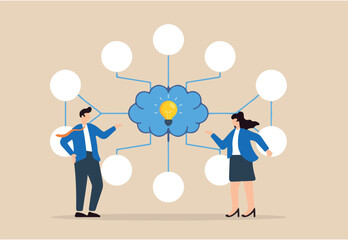 lat illustration of two business people present mind map diagram and lightbulb thinking solution research plan visualizing idea easy problem solving and decision making
