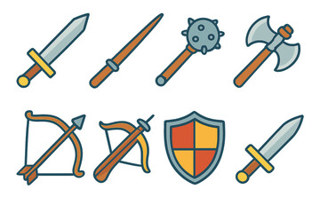 Medieval Weapon Icons. Flat vector mini-illustrations medieval weapons in colors children's illustrations: sword, lance, mace,