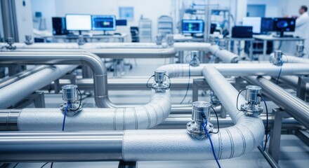 Cryogenic hydrogen pipeline network in a research facility equipped with acoustic leak detection points for cyclic test loops.