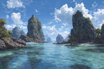 Islands wind across glowing turquoise sea in surreal coastal paradise under soft fantasy light and dreamy magical mist
