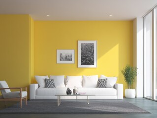 A modern living room boasts a bright, sunny ambiance with mustard yellow walls and a comfortable white sofa.