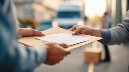 Customer receiving paperwork from a delivery specialist at office parking lot focused on hands and documents with the busy urban environment softly out of focus.