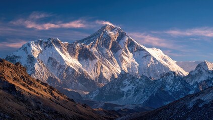 Obraz premium Majestic mountain peak, capped with snow, dominates a vast landscape of rugged terrain. Sunrise or sunset hues paint the sky