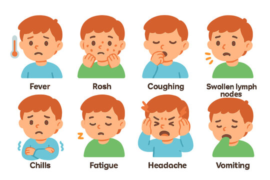 Plague Symptoms Icons. Flat vector mini-illustrations plague symptoms in colors children's illustrations: fever, rash spots,