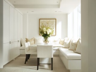 Fototapeta premium A bright, airy dining nook, showcasing a custom built-in window seat and elegant white cabinetry, bathed in natural light.