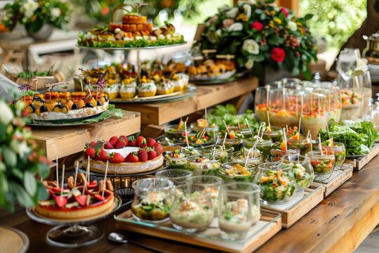 Outdoor wedding dessert buffet with pastries, fruit, and salads