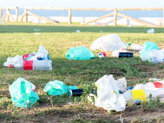 Littered plastic waste on a grassy field near a beach