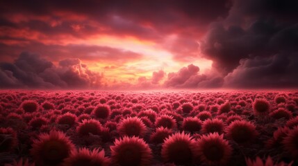 Vibrant sunset over field of pink sunflowers and dramatic clouds