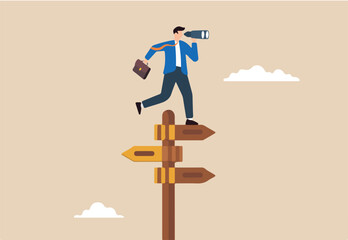 Flat illustration of businessman stand on direction sign look on binocular to discover solution find business opportunity see future career make decision success way vision path