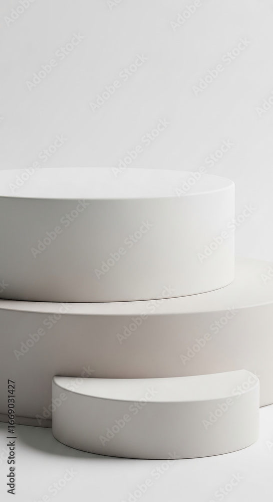 Poster three off-white cylindrical platforms create a minimalist display, ideal for product showcase or pre