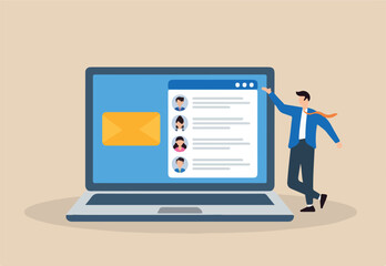 Flat illustration of businessman managing email campaign with laptop, envelope icon, and mailing list for digital marketing	
