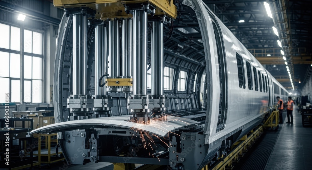 Poster detailed image showing metal panel installation on highspeed train car shell using automated hydraul