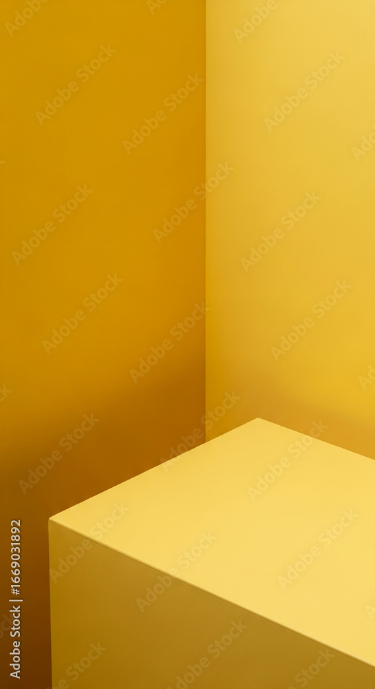 Aufkleber yellow cube platform against yellow wall background, creating minimal display scene for product plac
