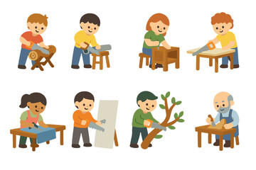 Naklejka premium Work Scenarios Icons. Flat vector mini-illustrations saw work scenarios in colors children's illustrations: sawing timber, sawing