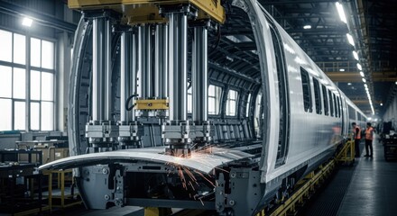 Detailed image showing metal panel installation on highspeed train car shell using automated hydraulic press in factory assembly line.