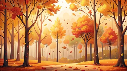 Enchanting autumn forest path with tall trees displaying vibrant orange and yellow foliage, leaves falling gently