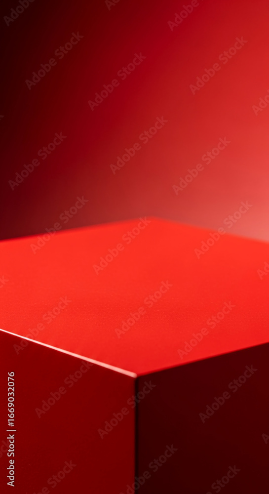 Poster red cube on red background, showcasing blank space for product display or text mockup for advertisem