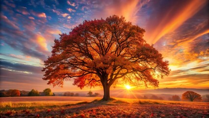 Spectacular sunset with fiery orange and pink clouds illuminating a solitary oak tree in an autumn landscape