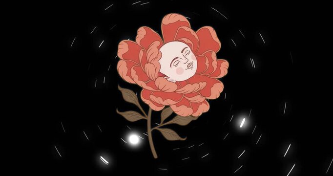 White sparks forming initiating rings rotating around coral-pink flower swaying, petals pulsating