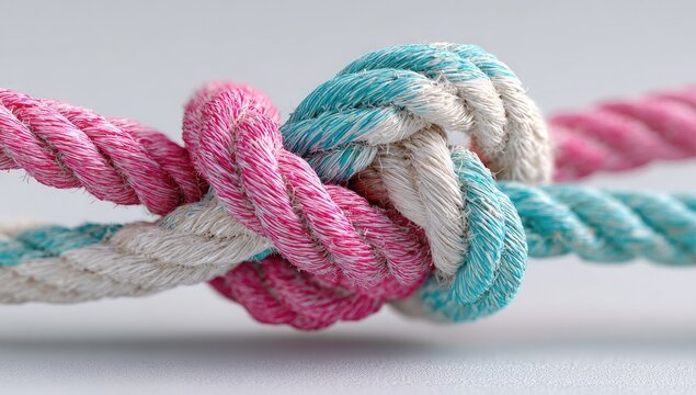 Close-up of two intertwined ropes, tied in a knot.  The ropes are a light beige/cream color, with streaks of pink and teal/turquoise.  The knot is tight and centrally located.  Soft focus - Powered by Adobe