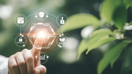 Finger touching glowing hexagon with icons for protection nature and data on blurred greenery - Powered by Adobe