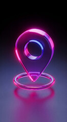Neon pink and blue glass location pin on dark background, glowing, 3D render, modern design, symbolizes navigation, direction, place
