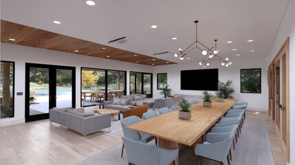Open-plan interior design featuring a spacious living area and a conference table.