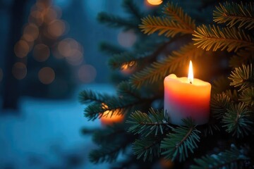 Cozy scene of flickering candlelight illuminating a pine tree branch, creating a warm and inviting atmosphere Perfect for holiday, winter, or nature-themed projects , glow, winter