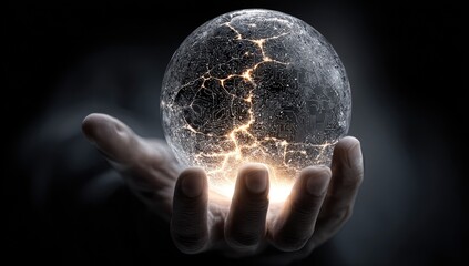 A hand holds a fractured, glowing orb